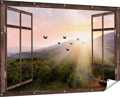 Gards Tuinposter Doorkijk Silhouet Zwerm Vogels bij Zonsondergang - 180x120 cm - Tuindoek - Tuindecoratie - Wanddecoratie buiten - Tuinschilderij