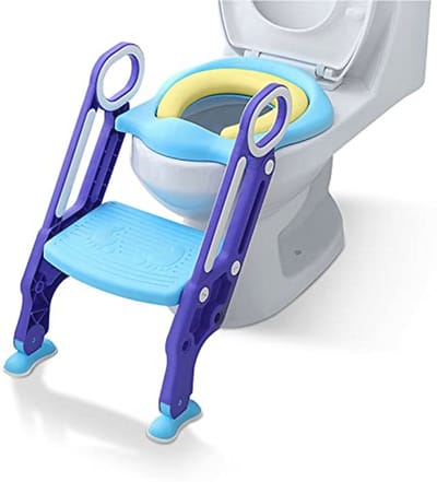 LZQ Toiletbril voor kinderen, met verstelbare trap, potjestrainer, kinderen, met zitschijf van zacht PU-materiaal, gestoffeerde zitting, geschikt voor kinderen van 1 tot 7 jaar, blauw en paars