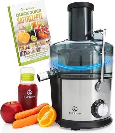 Nutrilovers *testwinnaar* QUICK-JUICER roestvrijstalen fruit- en groentepapcentrifuge I XXL inzetstuk voor het persen van hele vruchten, 800W, 2 snelheden, BPA-vrij incl. drinkfles + receptenboek & app