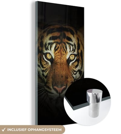 MuchoWow® Glasschilderij 20x40 cm - Schilderij acrylglas - Tijger - Licht - Ogen - Foto op glas - Schilderijen