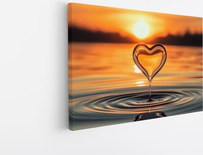 Saammp Canvas Schilderij - Waterdruppel in vorm van Hart - Landschap - Natuur - 45x30 - Foto op canvas - Wanddecoratie - Muurdecoratie Woonkamer - Slaapkamer decoratie - Canvas Print