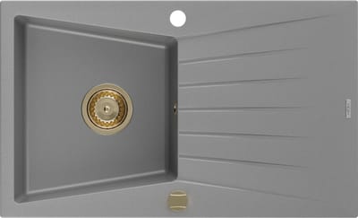 Mexen Cesar granieten gootsteen 1-komorer met afdruiprek 775 x 470 , grijs, gouden sifon - 6514771010-71-G