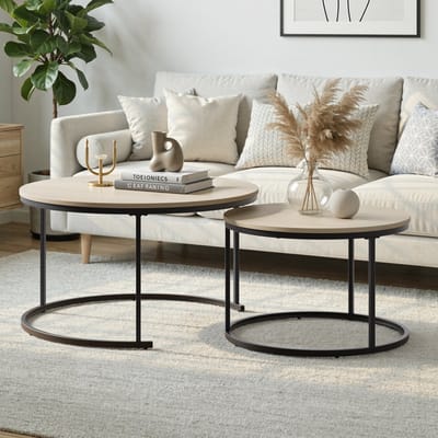 Wishdor Salontafel Set van 2 - Ronde Nesting Tafels - Industrieel - Eiken Houtlook & Zwart Staal - Ø 80 & Ø 60 cm