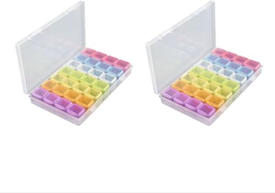 Dailygoods - Kunststof doos met deksel, 2 stuks, kunststof opbergdozen met 28 vakken, transparante dozen voor sieraden, nail art, kralen, schroeven en kleine accessoires (kleurrijk)