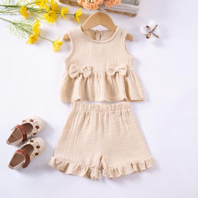 Peuter Meisjes Muslin Katoen Pakken Effen Kleur Strik Vest+Korte Broek 2 Delige Kleding Sets Mouwloos Schattig Casual Baby Meisjes Outfits 100