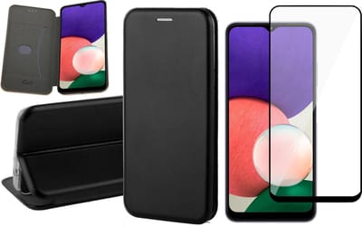 Hoesje geschikt voor Samsung Galaxy A22 5G - Bookcase Zwart - Screen Protector - Wallet Hoesje