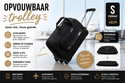 Nieuw 2026 Small Opvouwbare Reistas met Wielen & Trolley – Uitschuifbare Extra Laag met Rits – Waterdichte Reiskoffer Rugtas – Grote Inhoud – Opvouwbaar Reisbagage S/M/L – Zwart