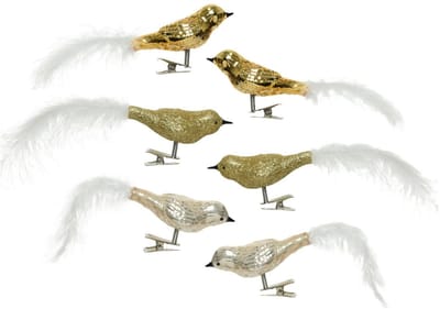 Decoris Kerst vogels - 6x st - op clip - goud - 8 cm - glas - kerstornamenten - kerstversiering - vogeltjes