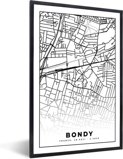 Fotolijst incl. Poster Zwart Wit- Kaart - Bondy - Stadskaart - Frankrijk - Plattegrond - Zwart wit - 40x60 cm - Posterlijst