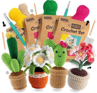 Haakpakket Planten en Bloemen 4pcs – DIY Haakset voor Volwassenen – Inclusief ergonomische breinaalden – Cactus en Bloemen Amigurumi - Starters Set Voor Volwassenen - Joya Creative