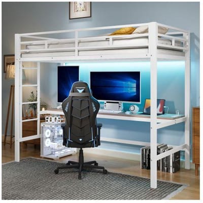 Lit mezzanine - MUVOE - selon EN747 - 90x200 cm - métal blanc - LED multicolore, prises USB/Type‑C blanc