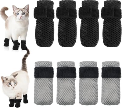 8 Stuks Verstelbare Katten Schoenen van Netstof, Antikras Katten Sokken voor Pootbescherming en Veiligheid tijdens Bad en Nagelknippen (Grijs, S)