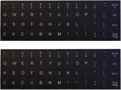 Set van 2 universele Engelse toetsenbordstickers voor computer en notebook, witte letters op zwarte achtergrond, vervangingsstickers met matte afwerking.