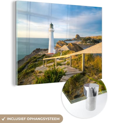MuchoWow® Glasschilderij 80x60 cm - Schilderij acrylglas - Zee - Vuurtoren - Wit - Foto op glas - Muurdecoratie woonkamer - Wanddecoratie slaapkamer - Schilderijen