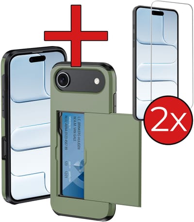Hoesje Geschikt voor iPhone Air Hoesje Met Pasjeshouder Hard Case Met Kaarthouder Met 2x Screenprotector - Hoes Geschikt voor iPhone Air Hoesje Pashouder Case - Donkergroen