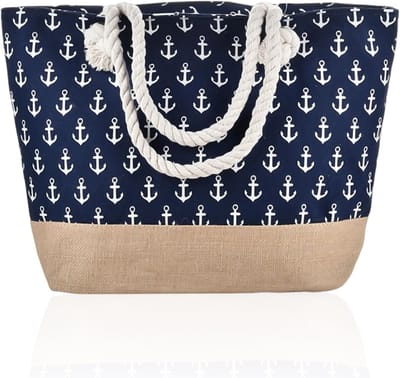 Ruime Strandtas met Ankerprint van Canvas voor Dames - Ideaal voor Familie en Fitness - Navy Blauw