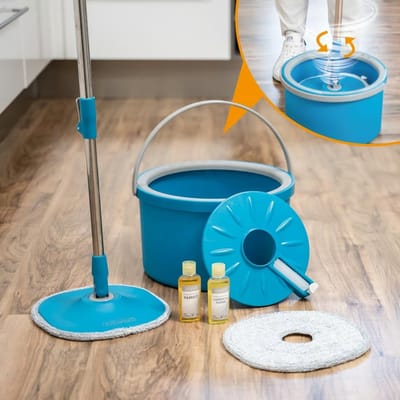 Livington Clean Water Spin Mop friswater-dweilsysteem inclusief reiniger en pads - scheidt vuil water van schoon water - Dweilmop voor elke vloer - 360° draaibare dweilkop - Mail Order Edition