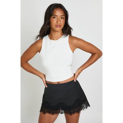 boohoo Dames Petite Crepe Skort Met Kanten Zoom | Zwart | Maat: 34