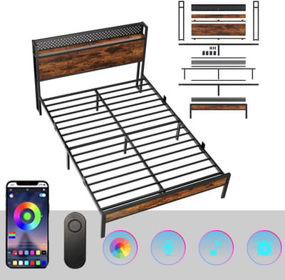KUTAS Metalen Bedframe - Tweepersoonsbed 140x190 cm - Minimalistisch Bedframe - Stevig - Stil - Anti Slip - Met LED Verlichting - Stopcontacten - USB Poorten - Type C - Hoofdbord met Opbergruimte