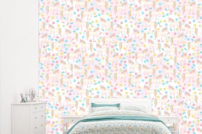 Behang - Fotobehang Unicorn - Snoep - Regenboog - Breedte 315 cm x hoogte 260 cm