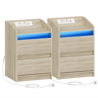 Nachtkastjes Set van 2 – Voor Slaapkamer – Bijzettafels met LED-Verlichting, Oplaadstation, USB & Stopcontact en 2 Lades – Modern Design