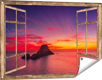 Gards Tuinposter Doorkijk Ibiza Rotsen Eiland bij Zonsondergang - 90x60 cm - Tuindoek - Tuindecoratie - Wanddecoratie buiten - Tuinschilderij