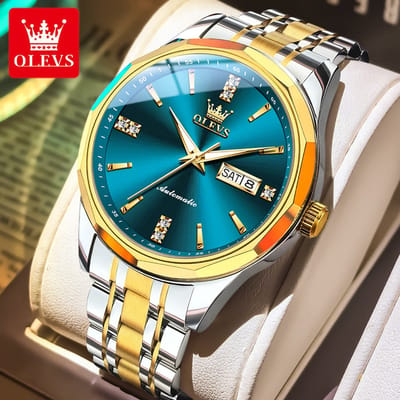 HO-7056.gz-bl : Olevs automatisch mechanisch goud/zilverkl edelstalen Tourbillon horloge, blauwe wijzerplaat, kalenderdag, dagnaam