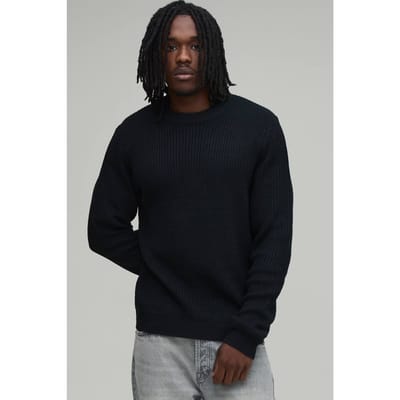 Lange Regular Fit Geribbelde Gebreide Trui | Black | Size Small
