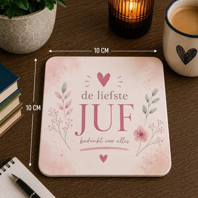 De Liefste Juf Onderzetter 10x10 cm – Roze Bloemen Design – MDF Onderzetter met Bedankt voor Alles Tekst