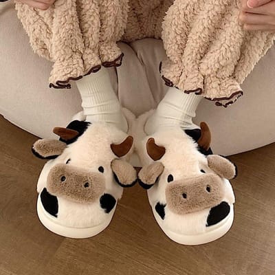 1 paar cartoon antislip schattige koude bescherming koe katoenen pantoffels warm houden pluche schoenen pantoffels 38-39 beige