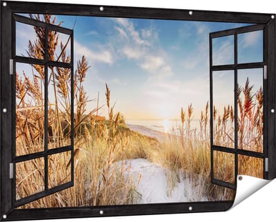 Gards Tuinposter Doorkijk Strand en Zee vanuit Duinen met Zonsondergang - 150x100 cm - Tuindoek - Tuindecoratie - Wanddecoratie buiten - Tuinschilderij