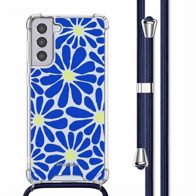 imoshion Hoesje - Geschikt voor Samsung Galaxy S21 - Design Hoesje met Koord - Cobalt Blue Flowers Connect