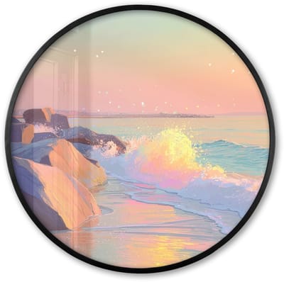Poster in lijst Rond - Fotolijst 60x60 cm - Posters - Zomerlicht - Strand - Fonkelende accenten - Ronde posterlijst zwart - Decoratie - Wanddecoratie woonkamer - Muurdecoratie slaapkamer