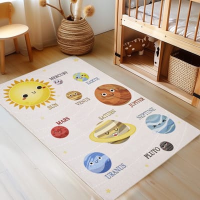 Kinderkleed met zonnestelselpatroon, beige kleur, latex, voor de slaapkamer, platgeweven. 100x150 cm