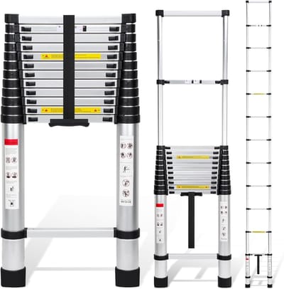 Telescoopladder - Uittrekbare ladder - Zolder en Kantoor - Antislip Voetjes - 5 Meter Hoog - Zilver