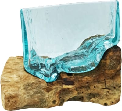 Gesmolten Glas op Hout - Glazen Kom Met Standaard - Large - 12x15x8cm