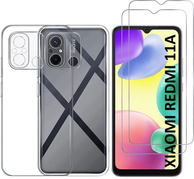 Hoesje Ultraslank geschikt voor Xiaomi Redmi 11a/Redmi 12c backcover siliconen Transparant en 2 stuks ScreenProtector Gehard Glas