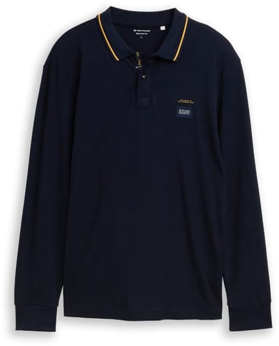 Tom Tailor - Piqué poloshirt met lange mouwen en logoprint - Maat S - sky captain blue