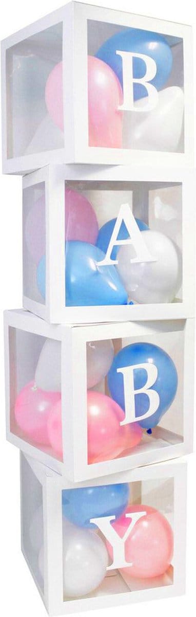 Vier doorzichtig letter ballon blokken Baby wit met 24 blauwe, roze en witte ballonnen - genderreveal - babyshower - ballonbox - ballonblok - zwanger - geboorte