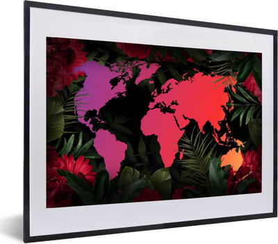 Poster in lijst - Fotolijst 60x40 cm - Posters - Wereldkaart - Kleuren - Jungle - Posterlijst zwart - Decoratie - Wanddecoratie woonkamer - Muurdecoratie slaapkamer