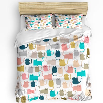 Kawaii Kleurrijke Kat Wit Dekbedovertrek Bed Beddengoed Set Hometextiel Dekbedovertrek Kussenslopen Slaapkamer Tweepersoons Beddengoed Set Geen Laken EU single(135x200cm)