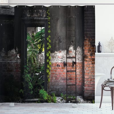 ABAKUHAUS Industrieel Douchegordijn – Bricks Planten – 175x240 cm – Polyester, waterbestendig, zalmgrijs/groen