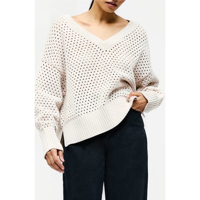 French Connection Crochet Knit V Neck Sweater Oatmeal Size: XS | Knitted Sweaters Outlet | Dames | Beige
