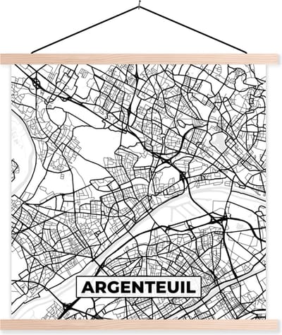 Posterhanger incl. Poster 40x40 cm - Schoolplaat - Plattegrond - Argenteuil - Kaart - Frankrijk - Stadskaart - Zwart wit - Textielposter - Blanke latten - Stadskaart
