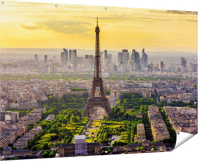 Gards Tuinposter Skyline van Parijs met de Eiffeltoren - 180x120 cm - Tuindoek - Tuindecoratie - Wanddecoratie buiten - Tuinschilderij