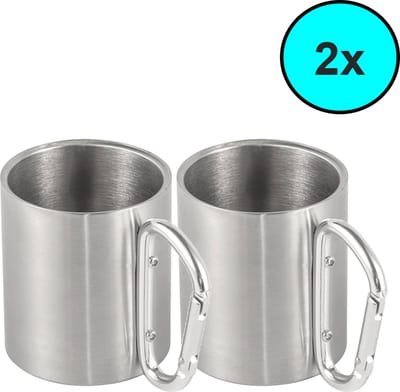 Dubbelwandige RVS Mokken - Set van 2 - 175 ml - Met Karabijnhaak - Camping & Outdoor