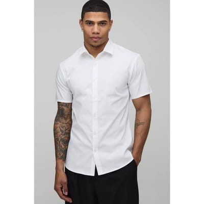 Slim Fit Korte Mouw Katoenen Overhemd | White | Size XS