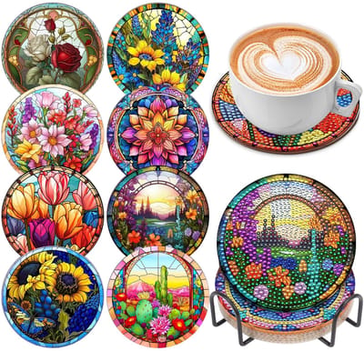 YYchan DIY Diamond Painting Onderzetters Set - 8 Stuks met Houder - Romantische Rozentuin - Handgemaakt & Hittebestendig - Perfect Cadeau