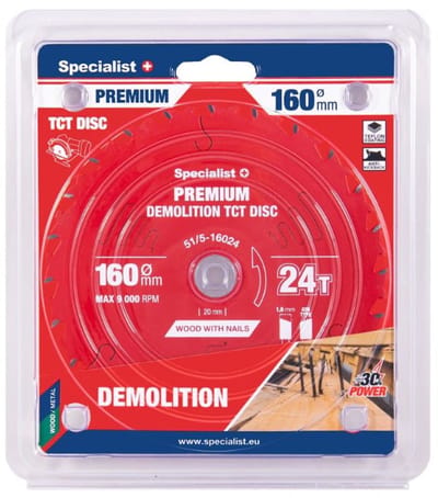 Cirkelzaagblad - 160x24T x 20mm voor Hout met Spijkers – Demolition PREMIUM