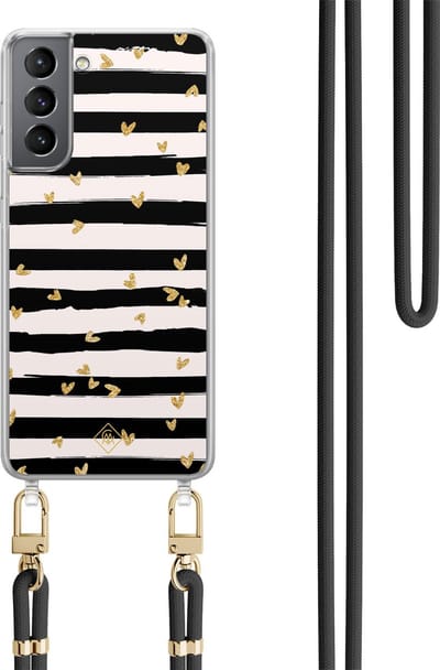 Casimoda® hoesje met koord - Geschikt voor Samsung S21 - Hart Streepjes - Afneembaar koord - TPU/polycarbonaat - Zwart